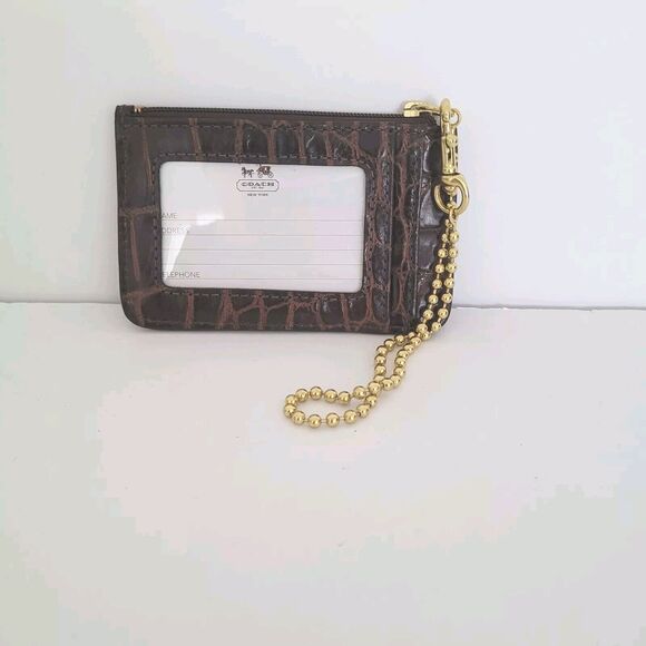 Coach Small Card Wristlet Brown Croc Embossed Wallet Zip Around Coin Pouch Brown - Picture 2 of 5